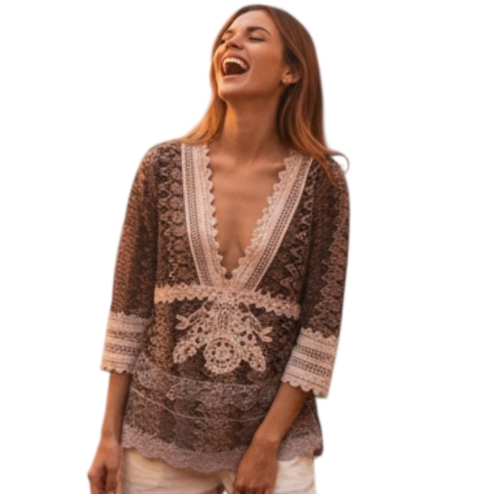 Passion Concept Brown and Cream Lace Tunic Blouse with V-Neck and 3/4 Sleeves - Picture 13 of 14